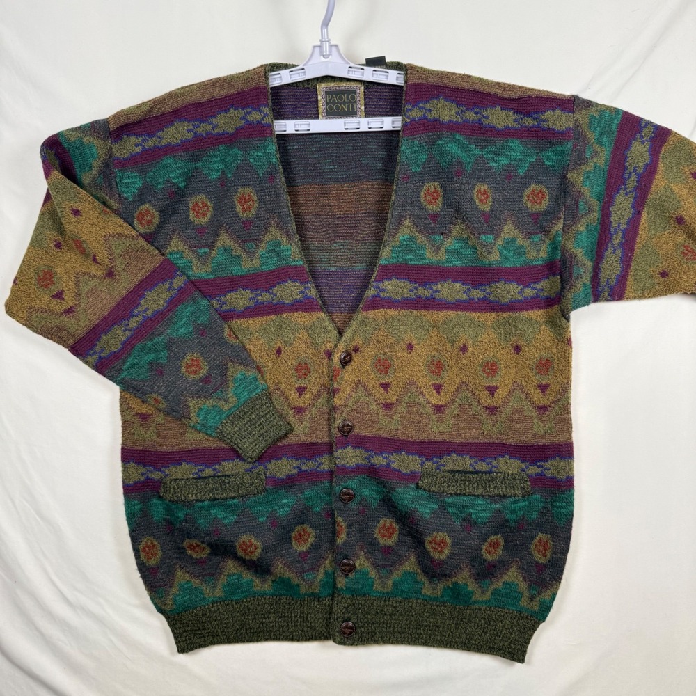 Paolo Conti Vintage Mens Large Wool Blend Geometric Cardigan Sweater Multi Color